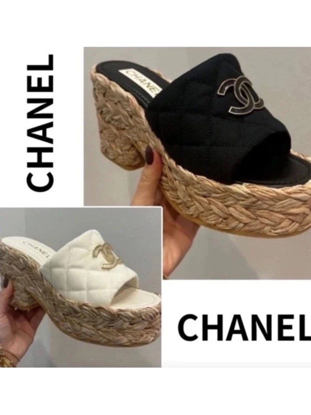 CHANEL Platform CC Logo Wedges Raffia Sandals Sz 39